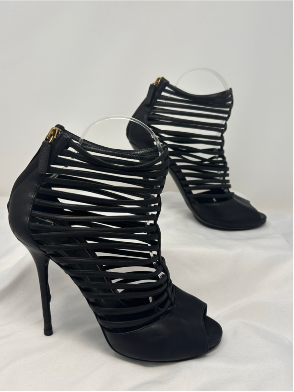 Gucci Inga Black Leather Strappy Cage Sandals Heels 37.5 Peep Toe